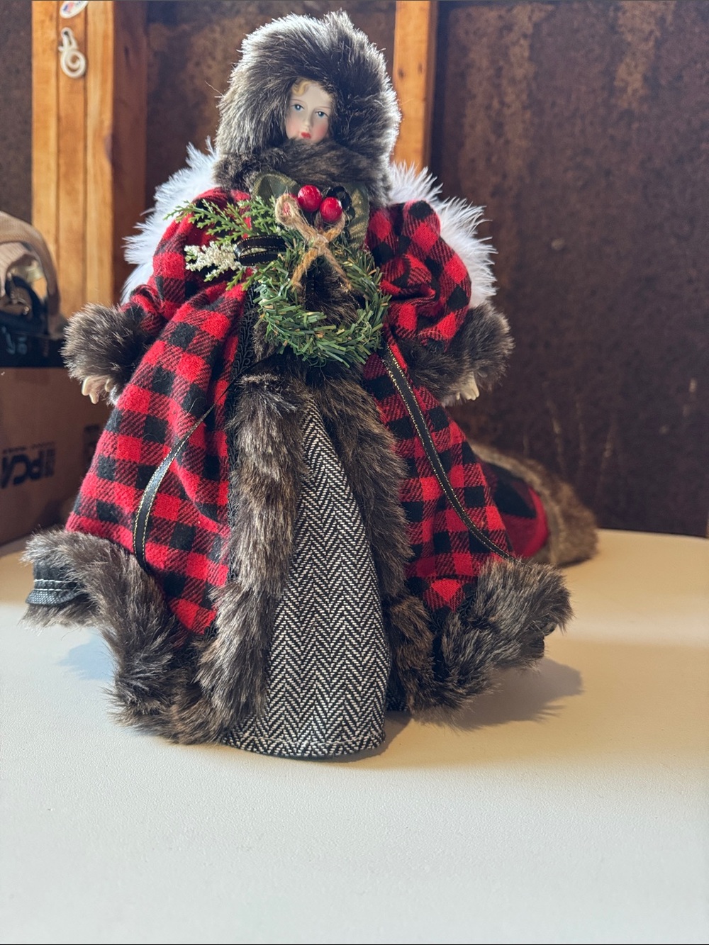 Holiday Plaid and Faux Fur Decorative Figure - Red Tree Topper